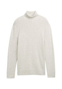 Helles graues Rollkragensweater aus geripptem Strickmaterial, mit einer gesprenkelten Textur, die subtile bunte Flecken im Stoff aufweist.