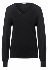 Pull noir à col en V en tissu tricoté léger ; il présente des manches longues avec des poignets ajustés et une texture lisse.