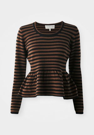 Brown and black striped long-sleeve sweater with a peplum hem, made of soft fabric, featuring a round neckline and ribbed cuffs.