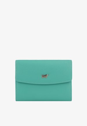 Portafoglio in pelle turchese con chiusura a patta, caratterizzato da un piccolo insegna metallica a forma di toro e cuciture a contrasto lungo i bordi.