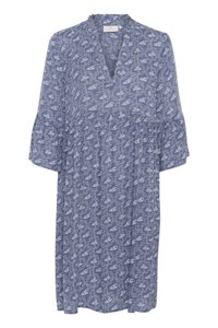 Vestito a stampa floreale blu con scollo a V, maniche a campana a 3/4 e vestibilità morbida. Caratterizzato da una vita arricciata e un tessuto leggero e soffice.