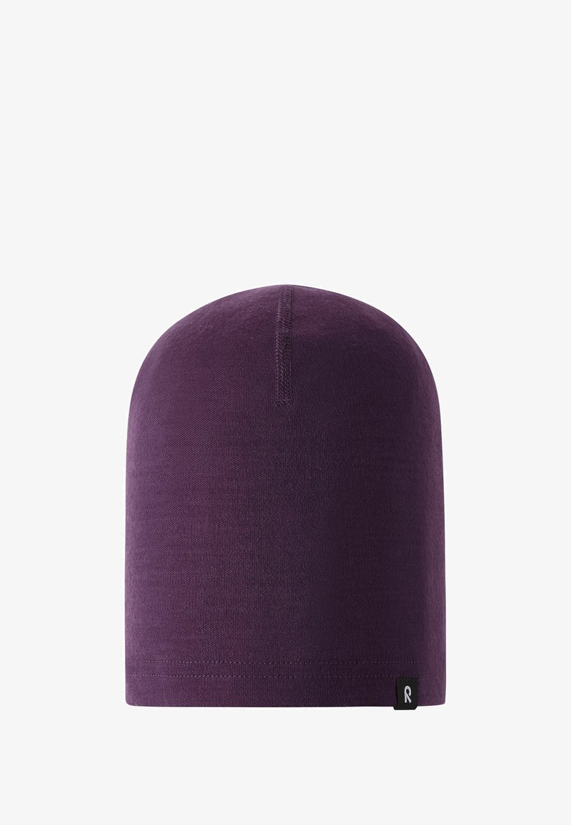 Purple knit beanie with a smooth texture and rounded top. Features a small black logo tag at the base. Simple and fitted design.