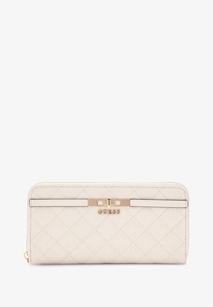 Quilted beige wallet with a gold-tone hardware accent, featuring a branded logo and a zip closure. Smooth texture with diamond pattern.