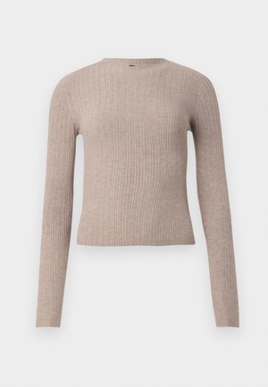 Beige, geripptes Langarmshirt mit rundem Halsausschnitt und taillierter Silhouette, auf einem schlichten weißen Hintergrund präsentiert.