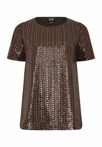 Brun paljettop med rund halsudskæring og korte ærmer, der har en tekstureret overflade skabt af lagdelte runde paljetter.