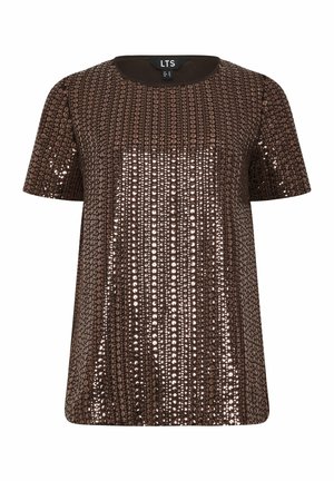 Top marrón con lentejuelas, de cuello redondo y mangas cortas, que presenta una superficie texturizada creada por lentejuelas redondas en capas.