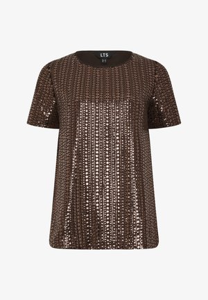 Top marrone in paillettes con scollo rotondo e maniche corte, caratterizzato da una superficie testurizzata creata da paillettes rotonde sovrapposte.