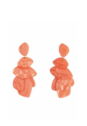 Pair of coral-colored, layered abstract-shaped dangle earrings with a marbled texture and irregular rounded geometric forms.
