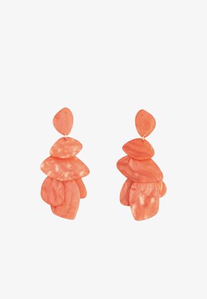 Pair of coral-colored, layered abstract-shaped dangle earrings with a marbled texture and irregular rounded geometric forms.