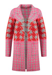 Lång kofta med ett hundtandsmönster i rosa, röd och grå, med sjalkrage och två framfickor. Mjuk stickad textur.