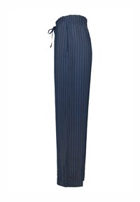 Navy blue, long striped pants with a smocked waistband and drawstring. Features vertical white stripes and a straight fit. Soft fabric texture.
