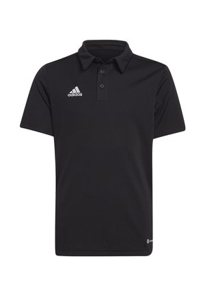 Schwarzes Polohemd aus glattem Stoff, ausgestattet mit einer Dreiknopf-Leiste, einem Kragen und einem weißen Adidas-Logo auf der linken Brust.
