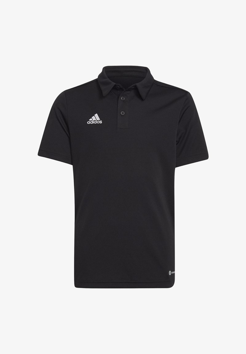 Zwarte polo-shirt van gladde stof, voorzien van een drieknopssluiting, een kraag en een wit Adidas-logo op de linkerborst.