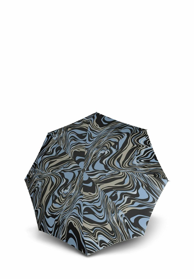 Ombrello compatto con un motivo marmorizzato in nero, grigio e blu chiaro; otto pannelli con una superficie liscia e accessori in metallo.