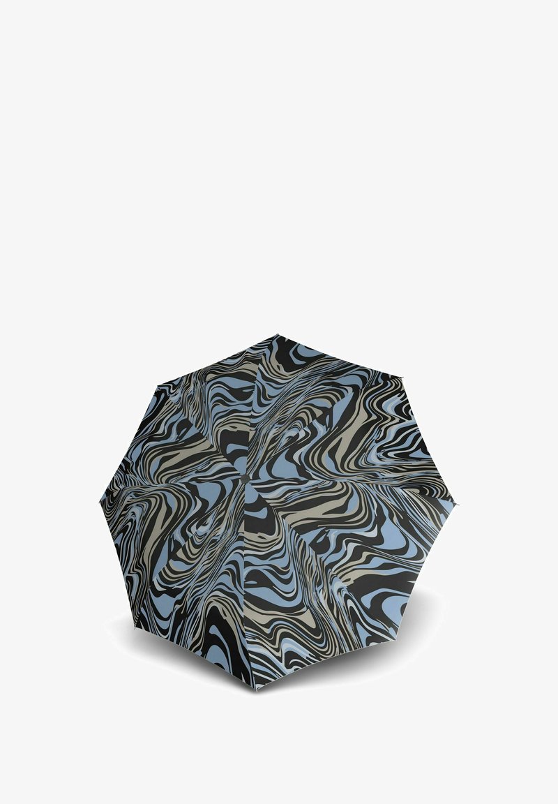 Ombrello compatto con un motivo marmorizzato in nero, grigio e blu chiaro; otto pannelli con una superficie liscia e accessori in metallo.