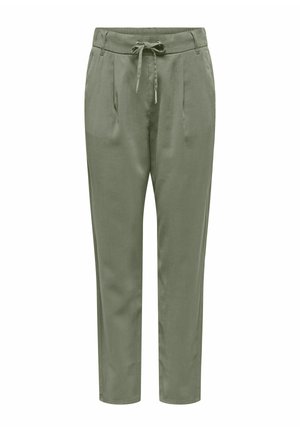 Pantalon droit couleur vert olive avec taille élastique, cordon de serrage à l'avant et poches latérales avant.