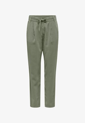 Olívazöld, egyenes szárú nadrág elasztikus derékpánttal, elöl húzózsinórral és elülső oldalzsebekkel.