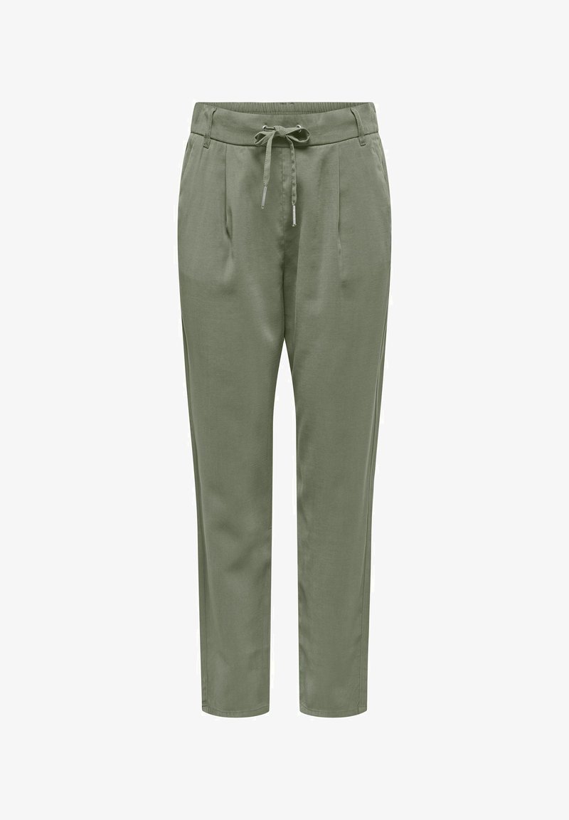 Pantalon droit couleur vert olive avec taille élastique, cordon de serrage à l'avant et poches latérales avant.