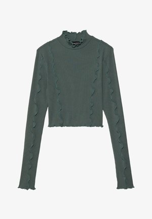 Zelený rebrovaný dlhý rukáv top s vysokým golierom, ktorý má volánové okraje a kontrastný tealový šev pozdĺž švov. Skračený dizajn.