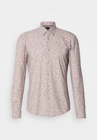 Camicia a maniche lunghe di un delicato rosa chiaro, con un piccolo motivo multicolore, colletto a punta e chiusura frontale con bottoni. Tessuto dalla consistenza liscia.