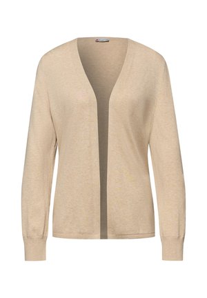 Beiger offen getragener Cardigan mit langen Ärmeln und gerippten Bündchen, entworfen für legere oder professionelle Anlässe.