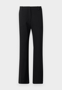 Pantalones negros de diseño ajustado, fabricados en una tela suave con un ligero estiramiento. Cuentan con trabillas para el cinturón y un corte de pierna recta.