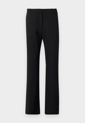 Sorte bukser i en tætsiddende design, lavet af glat stof med en let stræk. Har bæltestropper og en lige benpasform.