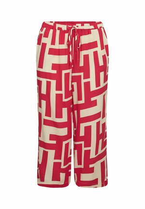 Pantaloni da pigiama rossi e crema con un motivo geometrico, vita elastica con cordino, vestibilità ampia e design a gamba dritta.