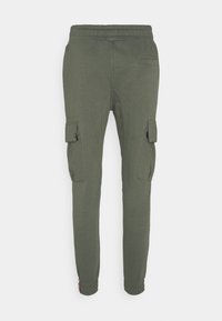 Grüne Cargo-Jogger mit elastischem Bund und Bündchen, ausgestattet mit zwei Seitentaschen und einer Cargotasche an jedem Bein. Hergestellt aus weichem Stoff.