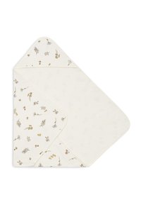 Couverture en coton pour bébé avec un fond crème, ornée d'un motif floral dans des couleurs douces. Coins arrondis et bords cousus.
