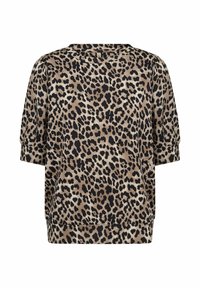 Pull-over à motif léopard en beige et noir. Manches courtes, coupe ample, col rond, texture douce et détails en côtes à l'ourlet.