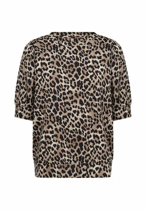 Pullover a stampa leopardata in beige e nero. Maniche corte, vestibilità ampia, scollatura rotonda, texture morbida e dettagli in costa sull'orlo.