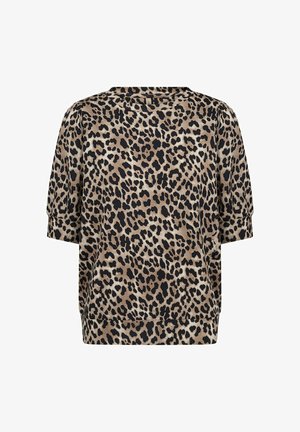 Leopardimustriline pullover-top beežis ja mustas. Lühikesed varrukad, lõtv istuvus, ümar kaelus, pehme tekstuur ja ribakujuline ääre detail.