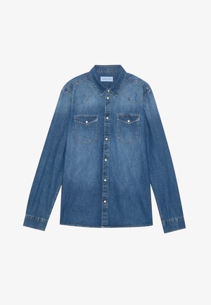 Dark blue denim shirt with long sleeves, classic collar, button front, two chest pockets, and contrasting stitching on seams.