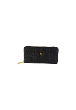Portafoglio rettangolare nero con zip dorata su tutto il perimetro e logo Gattinoni Roma dorato sul davanti, decorato con testo ripetuto.