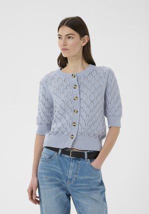 Kobieta w jasnoniebieskim swetrze na guziki z wzorem, z bufiastymi rękawami, oraz jasnoniebieskich dżinsach, stojąca z jedną ręką w kieszeni.