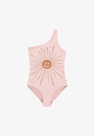 One-shoulder pink swimsuit featuring a gold smiley face design with radiating sunburst lines. Smooth, stretchy fabric with moderate coverage.