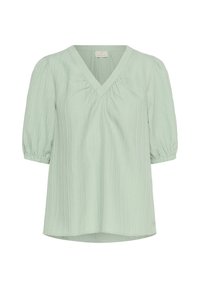 Blouse vert clair à manches courtes avec un décolleté en V, buste froncé et tissu texturé. Manches ballons avec poignets élastiques. Design décontracté.