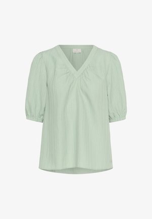 Bluză scurtă, verde deschis, cu mâneci scurte și decolteu în V, cu bust strâns și țesătură texturată. Mâneci tip balon cu mansete elastice. Design casual.