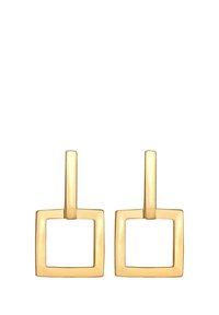 Boucles d'oreilles en métal doré présentant un contour carré avec un tige rectangulaire droite. Texture lisse sans motifs ni accents supplémentaires.