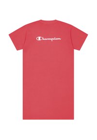 Camiseta de algodón roja con mangas cortas, que presenta un logo blanco de "Champion" impreso en la parte trasera, dobladillo recto y cuello redondo.
