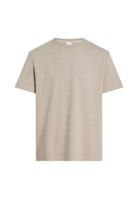 T-shirt beige a maniche corte realizzata in tessuto leggero con scollatura rotonda e una leggera texture a coste. Design semplice e minimalista.