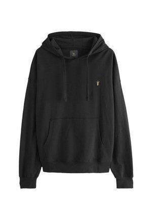 Sweat à capuche noir avec poche avant, cordons de serrage et petit logo brodé de cerf sur la poitrine gauche.