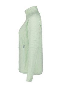 Veste à capuche vert clair avec une surface texturée, col montant et une poche zippée sur le côté. Tissu lisse, design ajusté.
