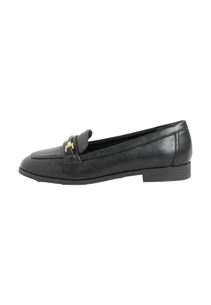 Mustad nahast loafers, ümarate varvastega, millel on tekstuurpaneel ja väikesed kuldse tooni detailid vampiosal. Lamedad tald.