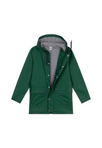 Veste imperméable verte avec capuche, doublure rayée grise, boutons-pression et deux poches avant. Texture lisse et design mi-long.