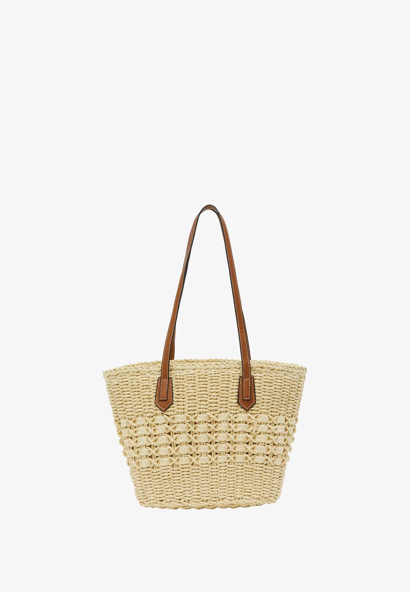 Sac en paille tressée de couleur naturelle avec des poignées en cuir brun, présentant un motif texturé horizontal et une forme effilée.