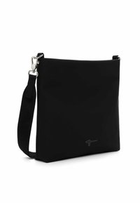 Svart syntetisk axelväska med en slät yta, justerbart band och metallhardware. Har en diskret logotyp på framsidan.