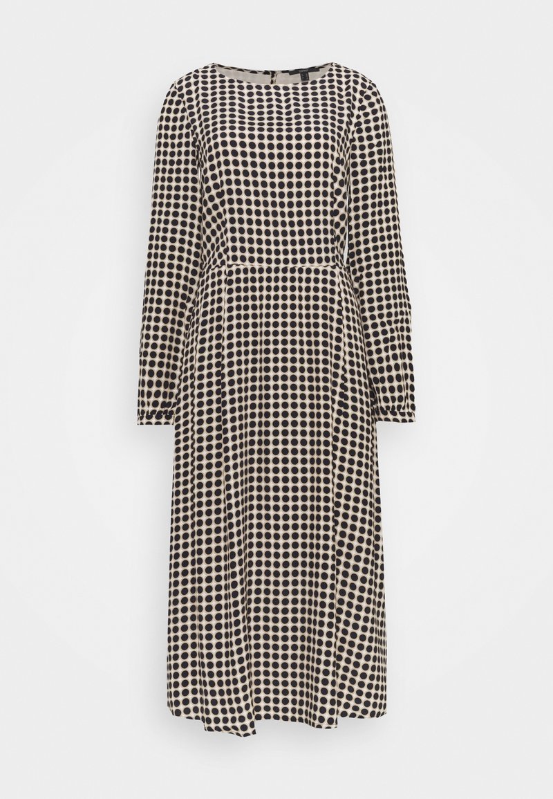 Robe midi à manches longues avec fond beige et motif à pois noirs, taille cintrée et encolure ronde.