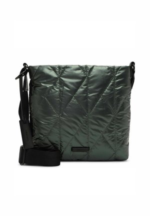 Gesteppte Umhängetasche in Dunkelgrün aus glänzendem Material. Verfügt über einen abnehmbaren schwarzen Riemen und ein dezentes Markenetikett vorne.